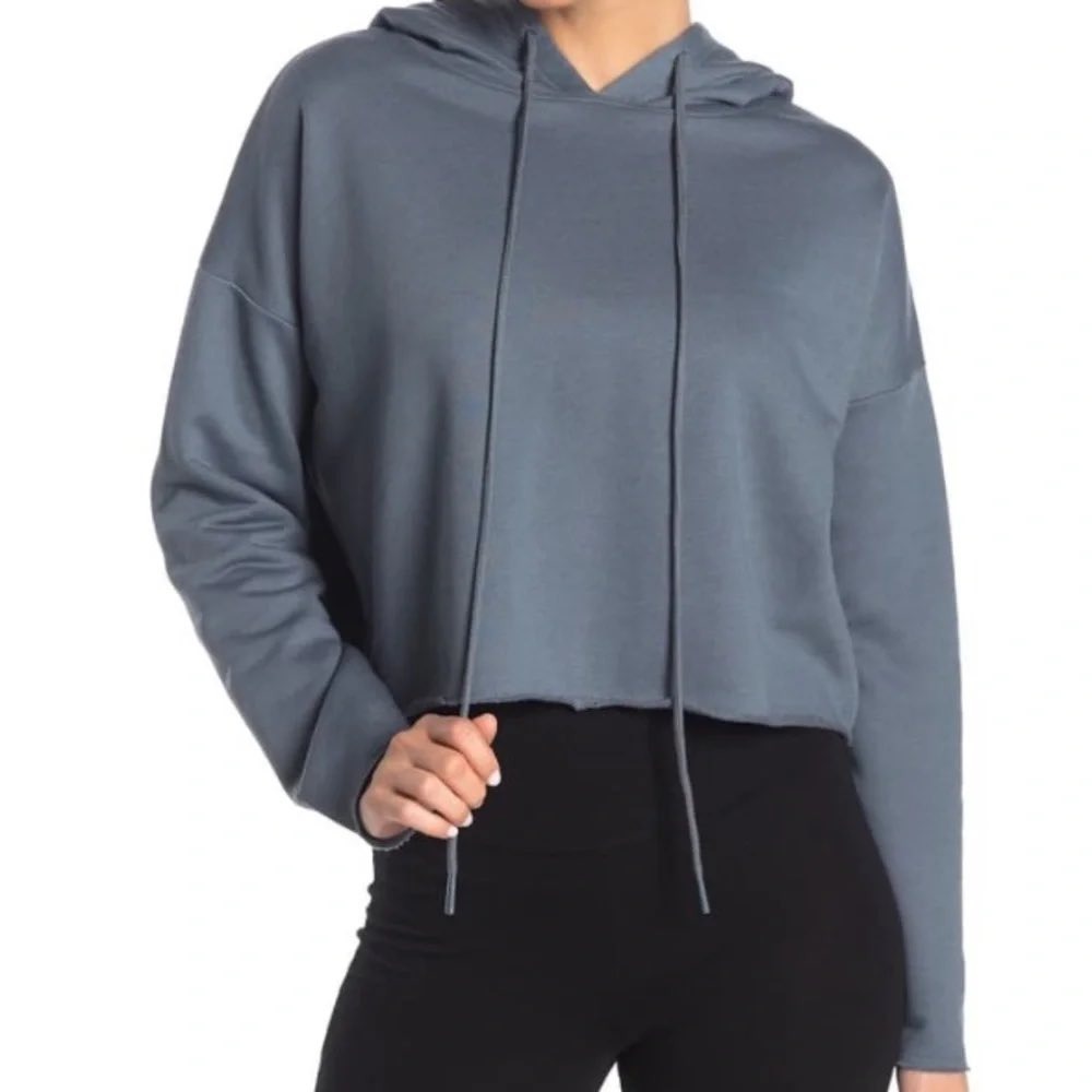 Alo Yoga Womens Cropped Hoodie Slate Blue Gray Raw Hem Sweatshirt Size S